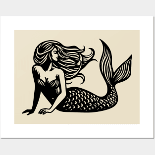 Woodcut Mermaid Posters and Art